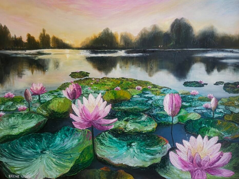 Lotus Lake By Irene Wood Oil on Canvas 1200mm x 900mm Created Jan 2025 00 jan 2025 lotus lake